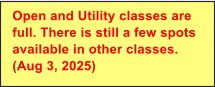 Open and Utility classes are full. There is still a few spots available in other classes. (Aug 3, 2025)